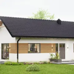 Nowoczesny biały dom z czarnym dachem i drewnianymi elementami, otoczony zielenią.
