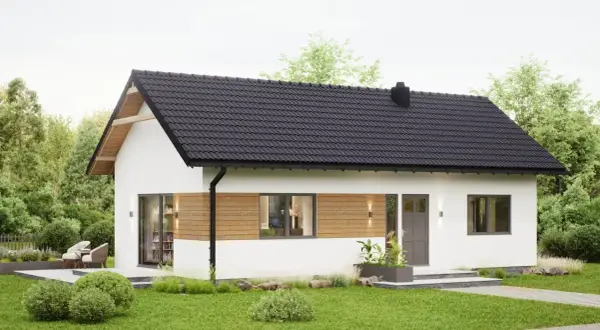 Nowoczesny biały dom z czarnym dachem i drewnianymi elementami, otoczony zielenią.