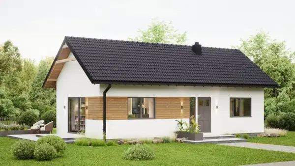 Nowoczesny biały dom z czarnym dachem i drewnianymi elementami, otoczony zielenią.