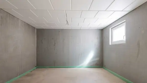 Pusta piwnica z betonowymi ścianami i sufitem podwieszanym. Okno wpuszcza światło. Zastanawiasz się, ile kosztuje remont piwnicy?